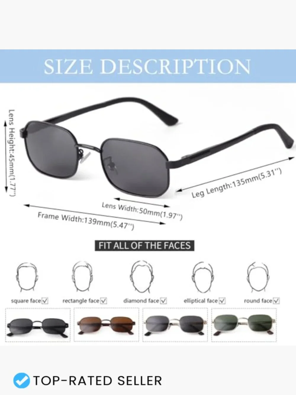 Rectangular Metal Sunglasses Vintage Retro Classic Polarized UV Protection